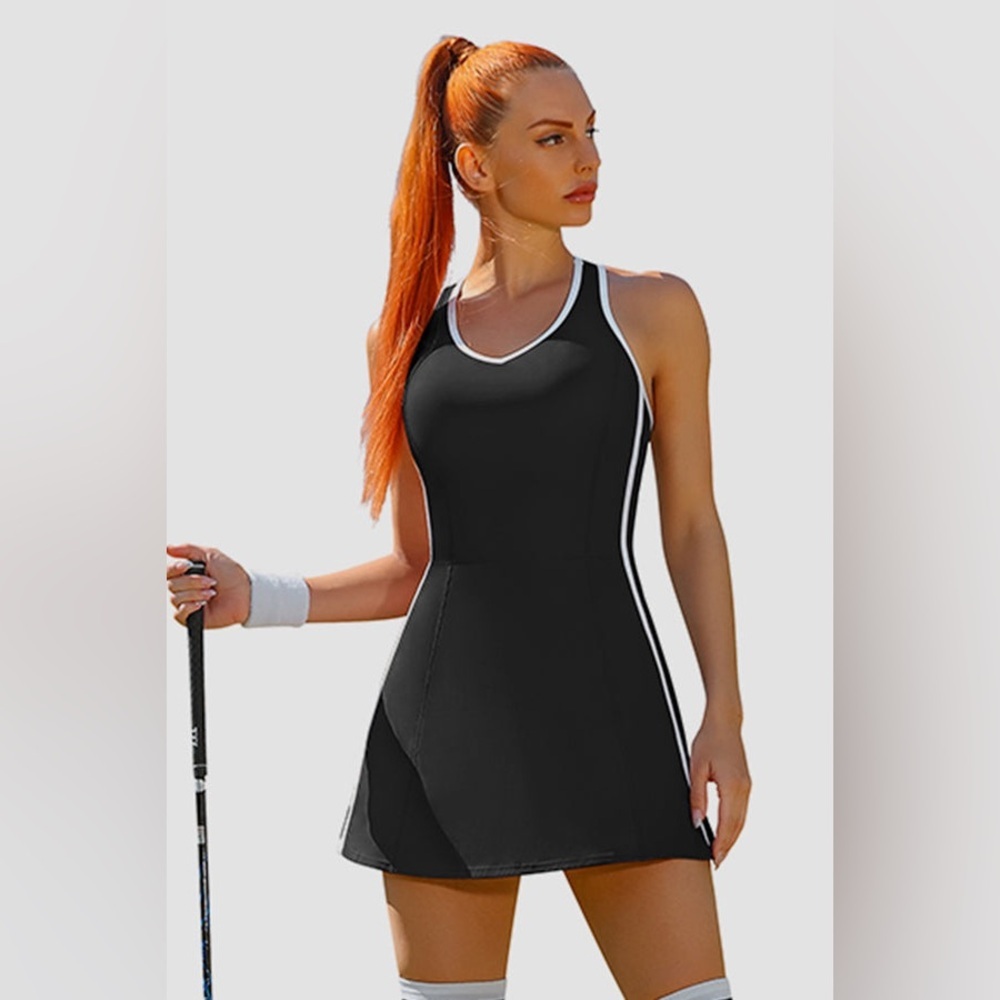 🆕 Black Women's Tennis Dress with Bra V Neck Racerback Golf Outfits Size Large